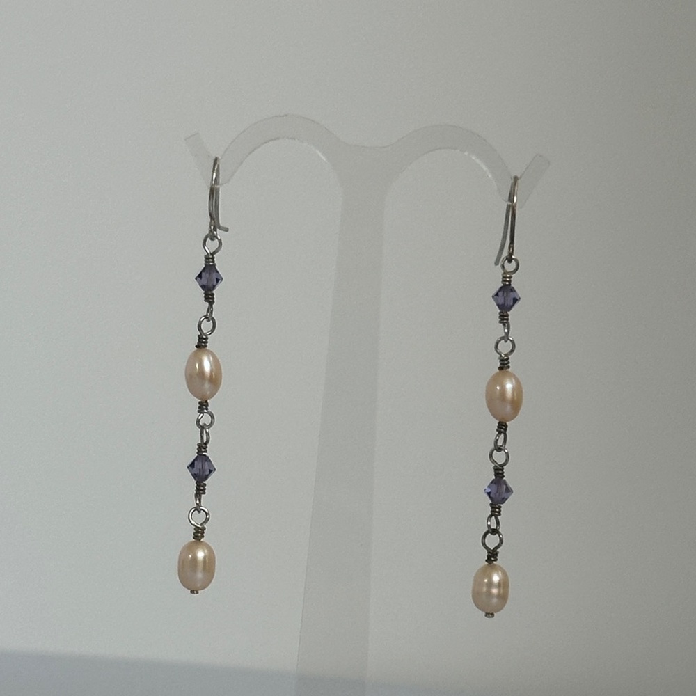 Sterling silver real Pearl and Amethyst Drop Earrings